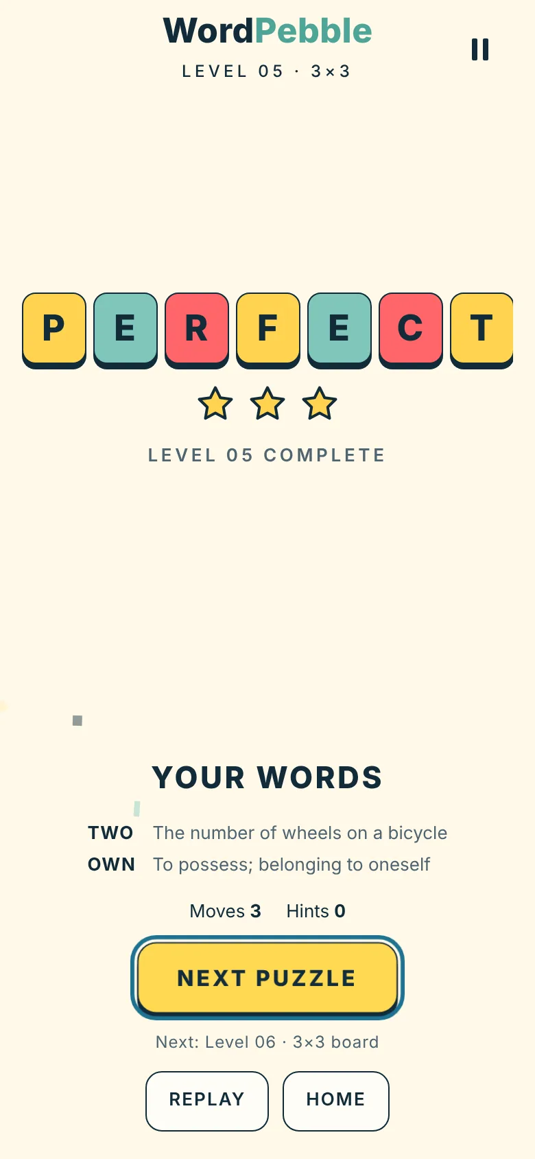 A finished board folded into the word PERFECT with three stars; below it the words made and their clues.